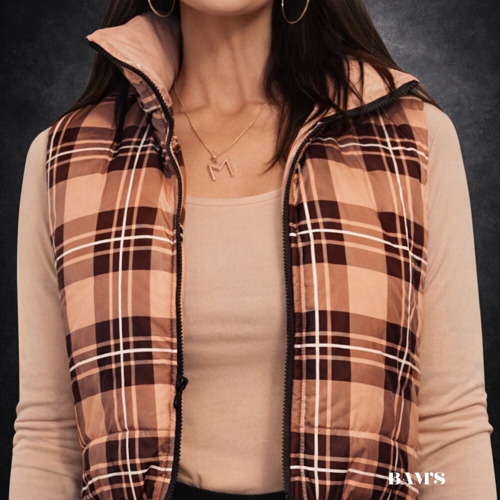 ChickMe Plaid Cropped Puffer Vest Medium Brown‎ Tan Zip Up Quilted Jacket